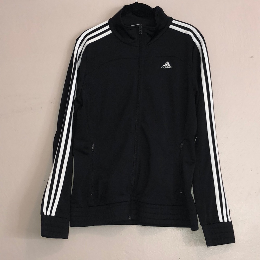 Black adidas zip up with white stripes